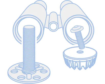 两个特殊紧固件,一个bigHead和一个MM-Welding紧固件,放在双筒望远镜前。