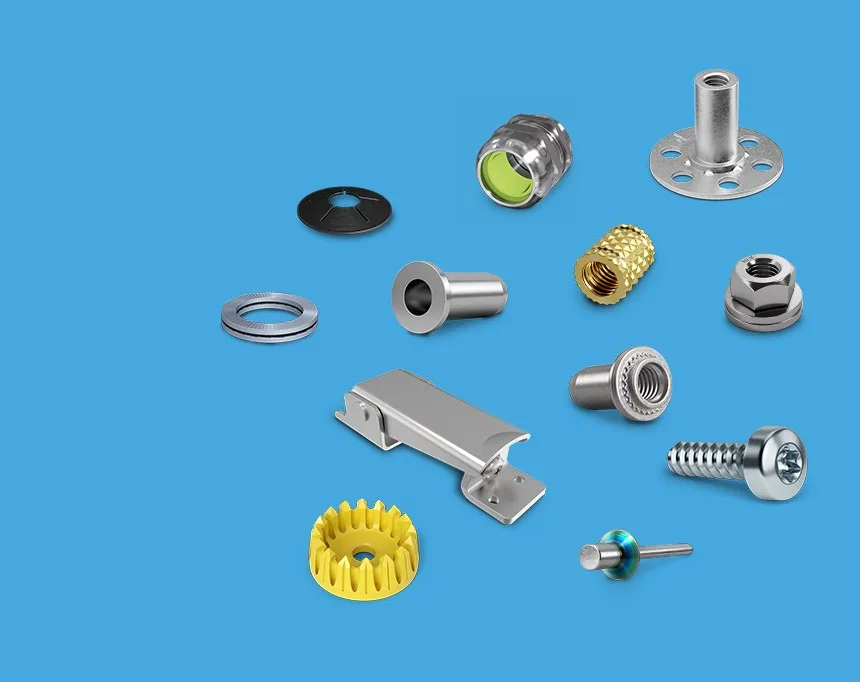 蓝色背景上的各种紧固件，展示了它们的多样性。