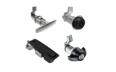 四种不同类型的Southco凸轮和压缩锁在白色背景上