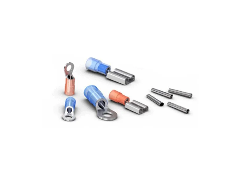 白色背景上的一组蓝色和红色电气触头-Bossard柏中