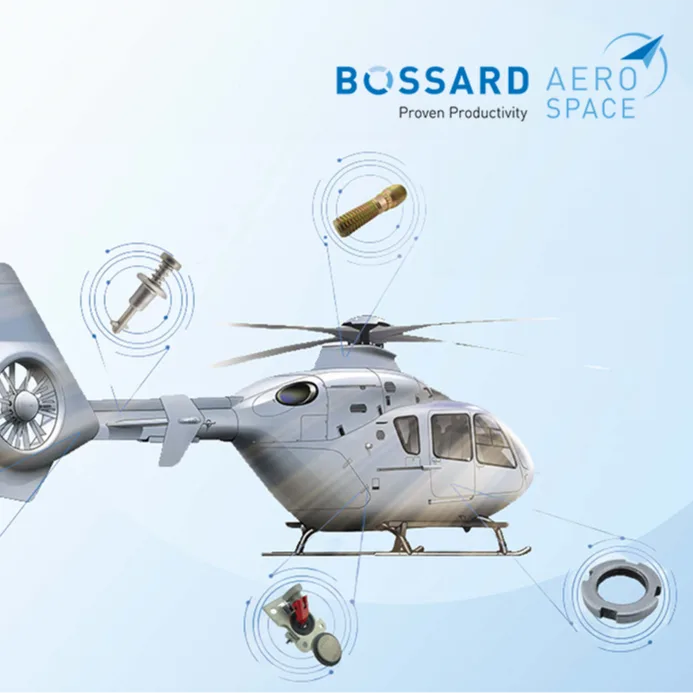 Bossard Aerospace标志展示，下面是一些直升机紧固件。