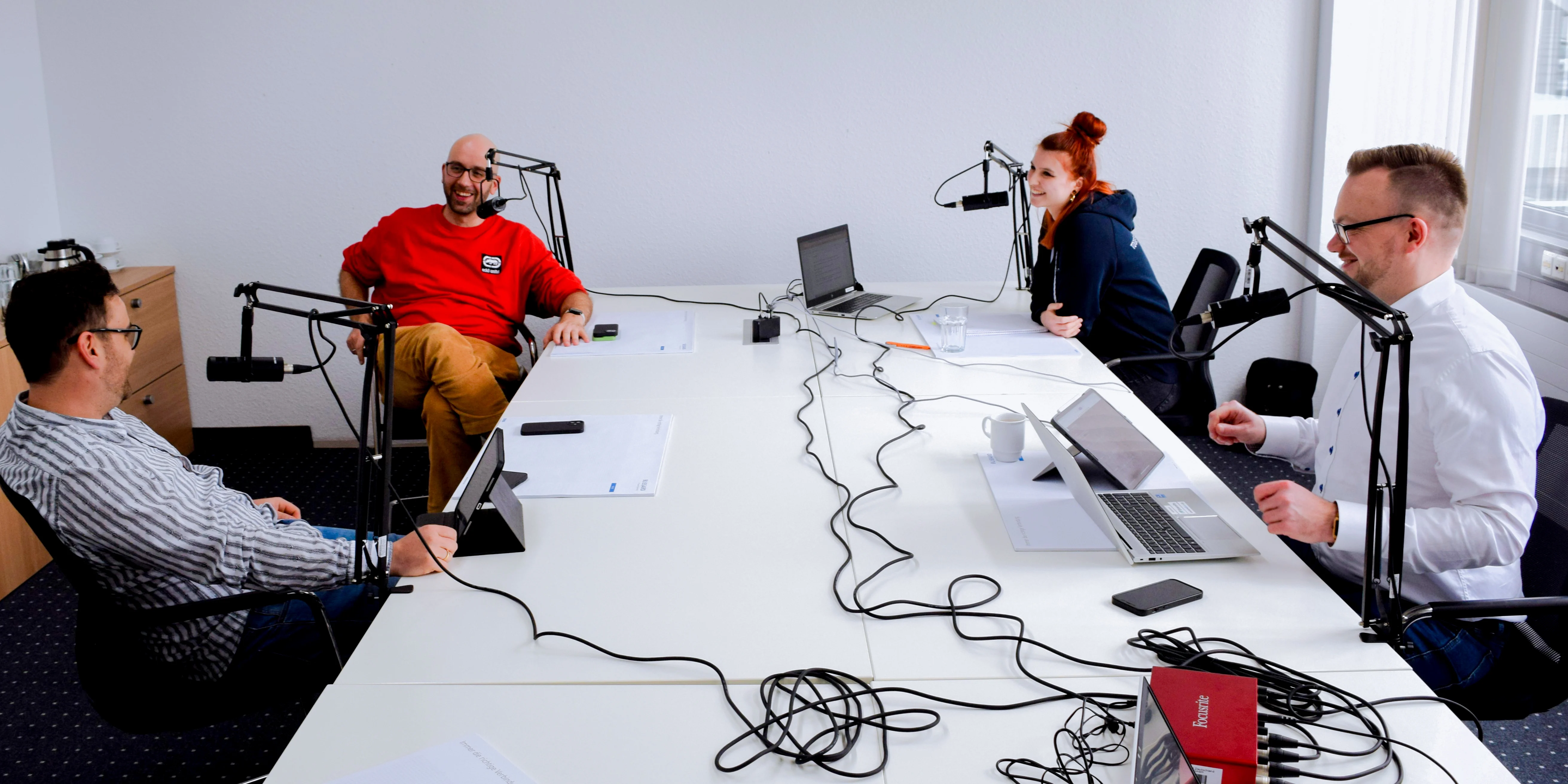 四个人坐在桌子旁，每人面前都有一个麦克风，正在进行讨论或采访。