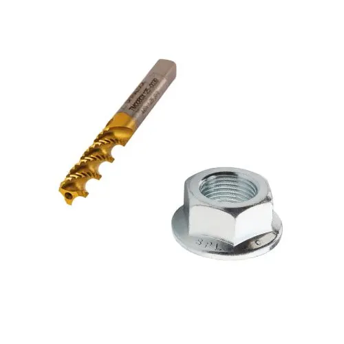两个Spiralock紧固件元素，一个六角法兰螺母和一个切削螺纹工具在白色背景上