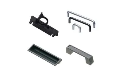 多种不同的Southco把手和拉手，包括金属把手和黑色塑料把手。