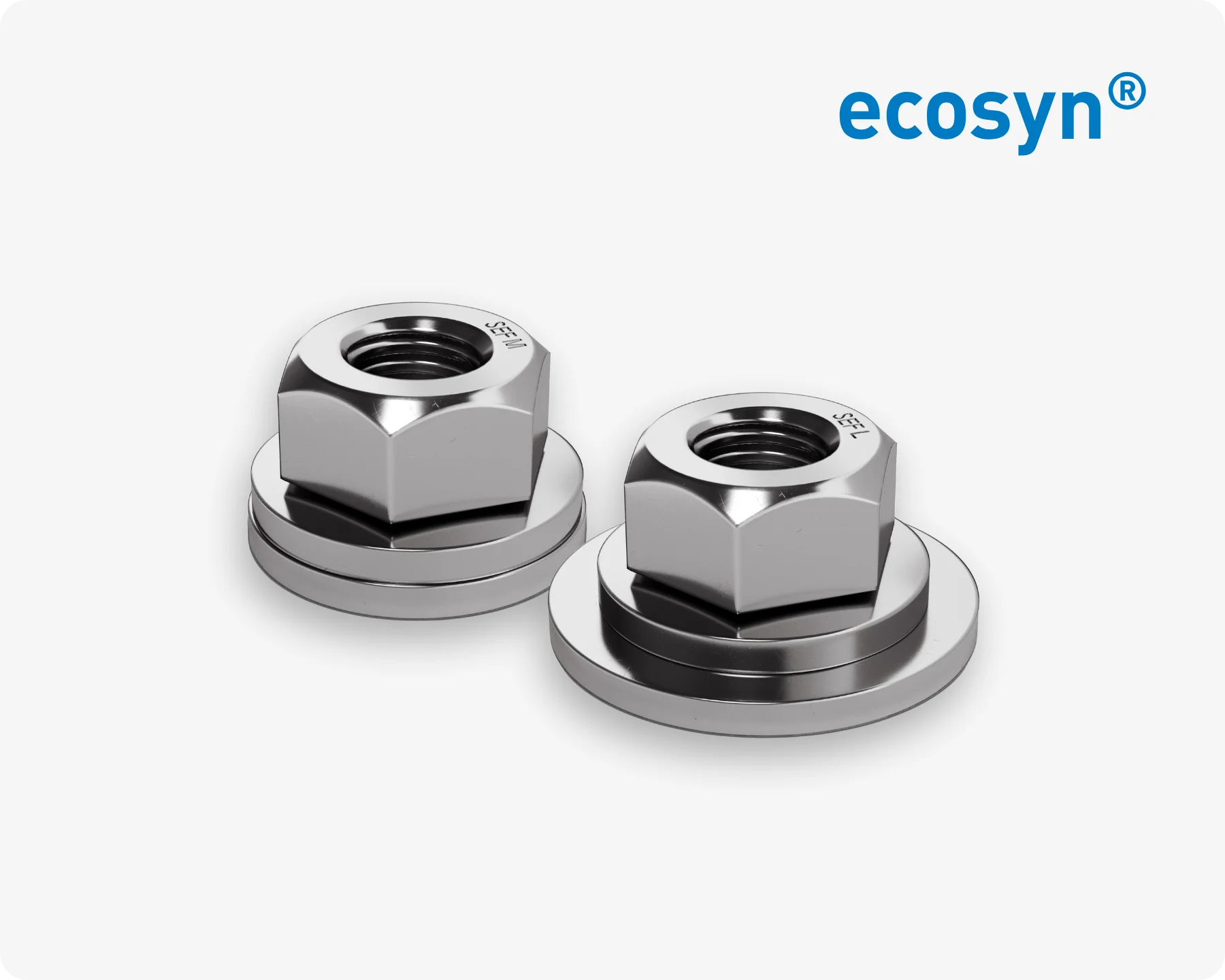 两个多功能ecosyn SEF SEMS螺母，尺寸为M和L，置于浅灰色背景上。