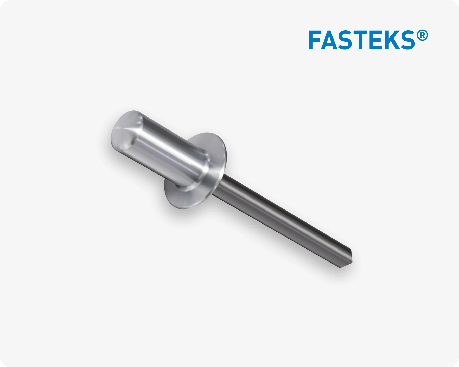 <text>FASTEKS金属抽芯铆钉特写,背景为浅灰色。</text>