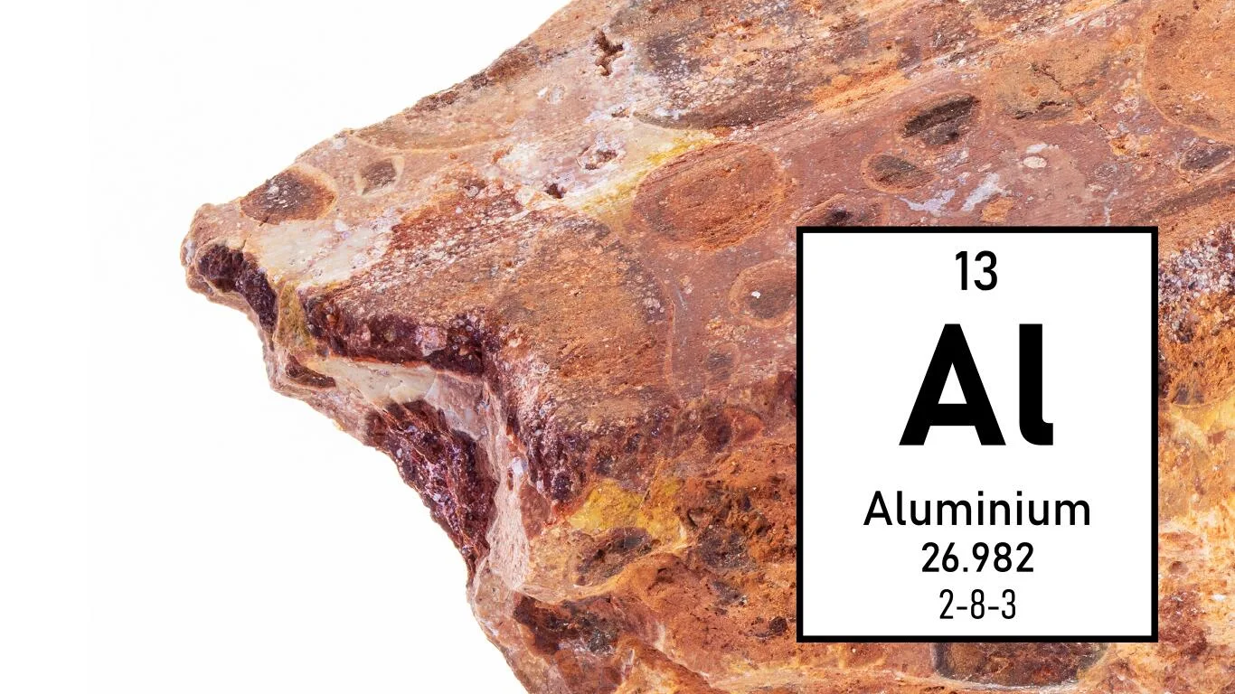 
铝元素在铝土矿中的银白色，包含来自元素周期表的数据。图像用于光谱分析。