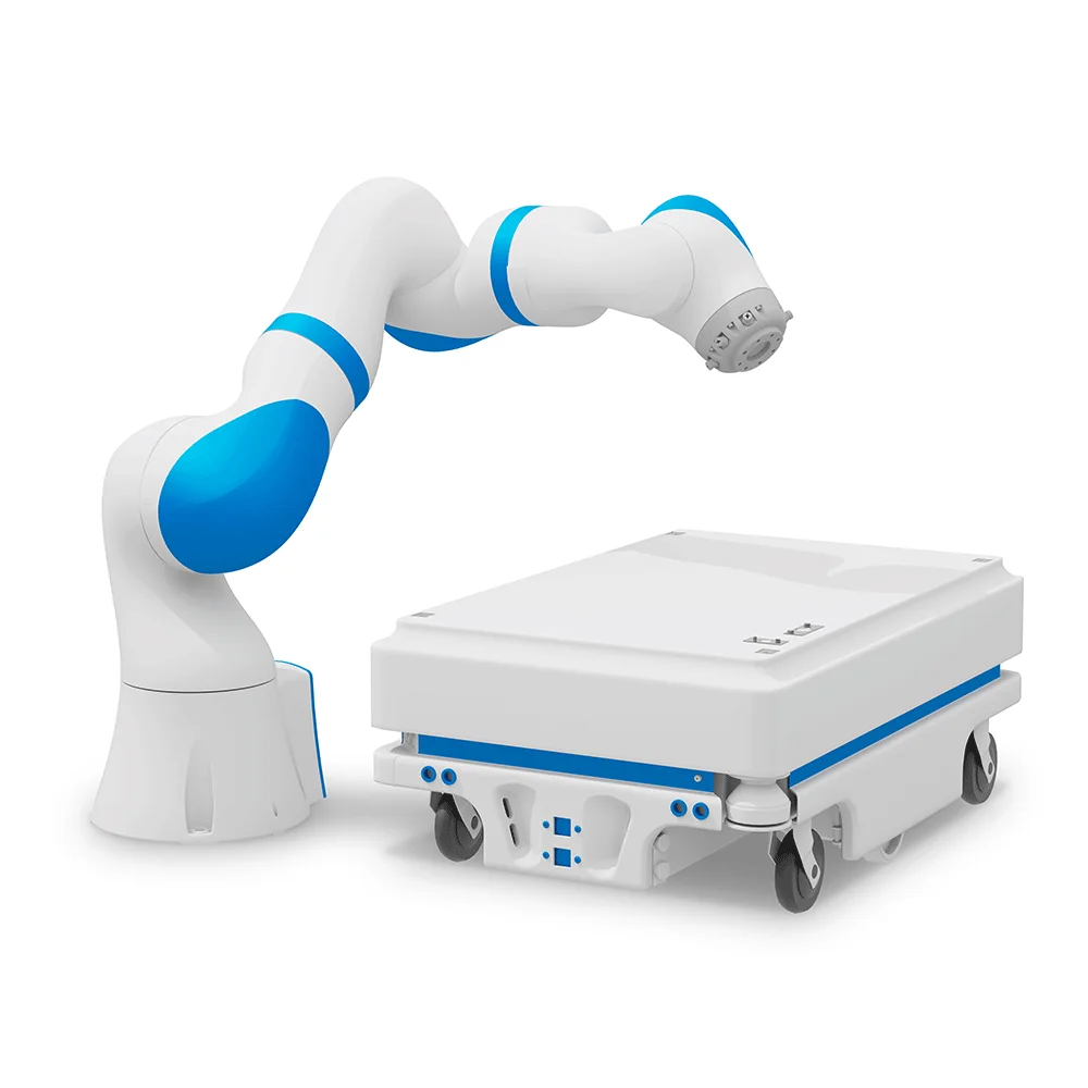 白色机械臂带有蓝色装饰,连接在带轮底座上。