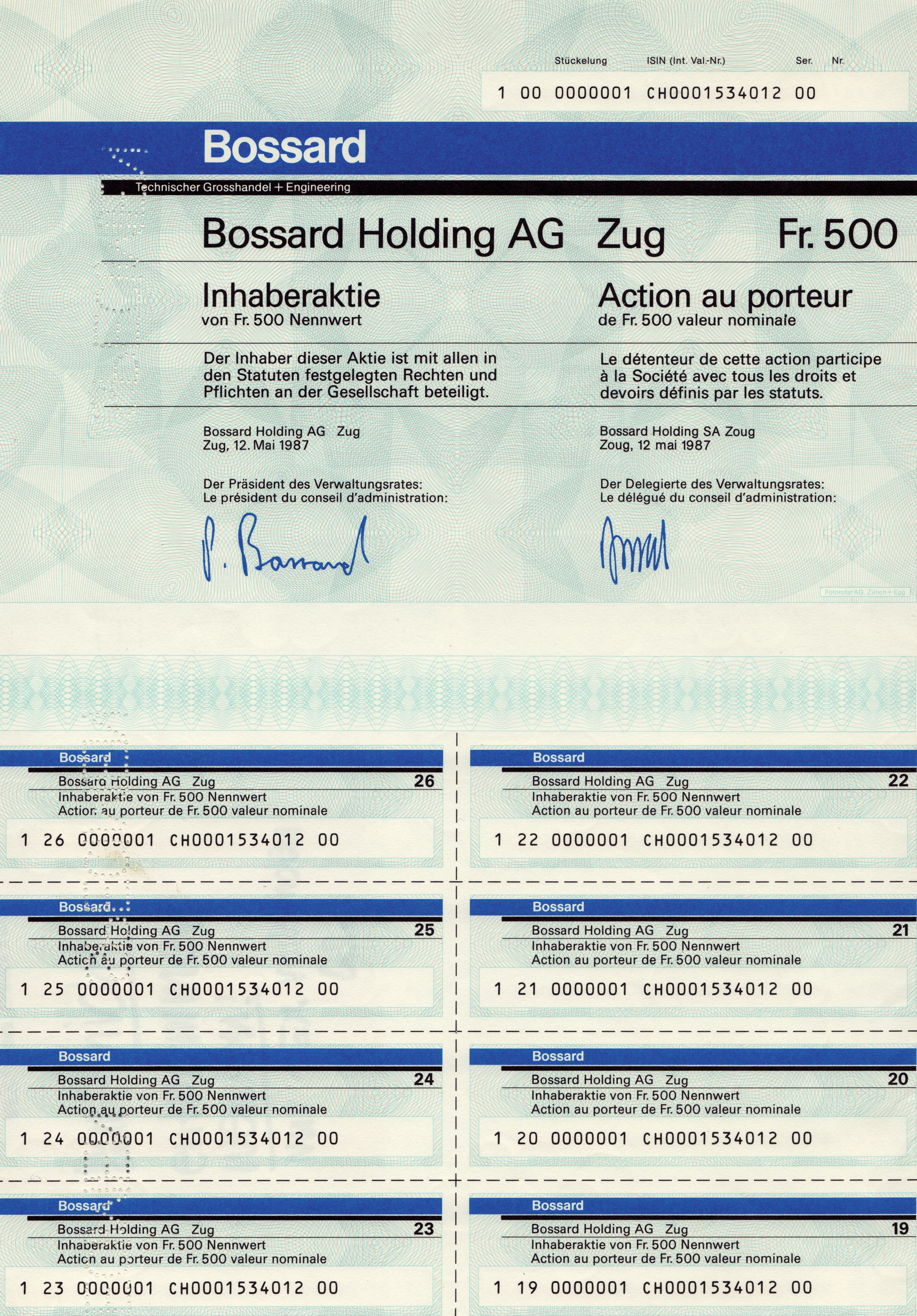 1987年面值500瑞士法郎的Bossard AG Zug无记名股票照片。