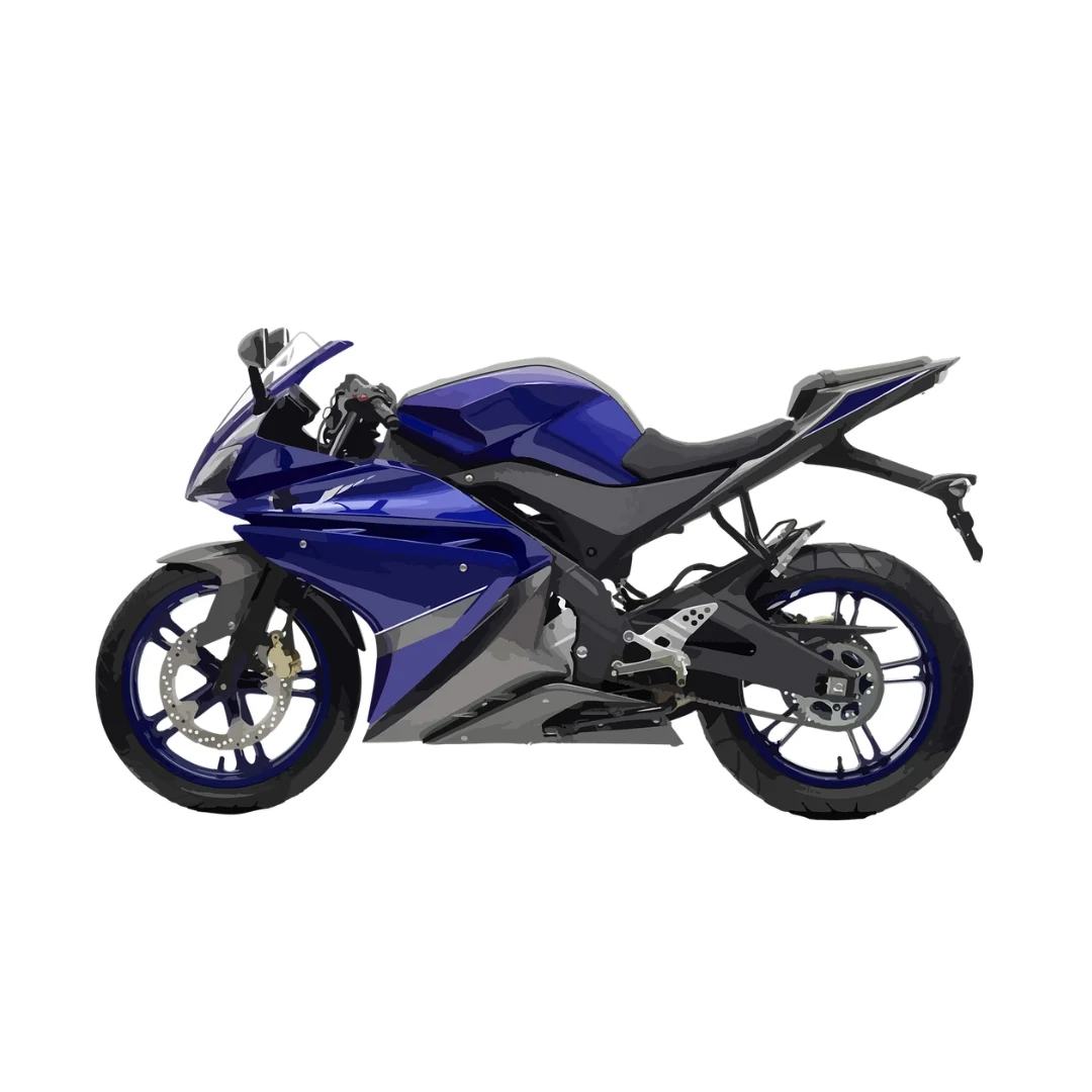 蓝色运动摩托车,设计流畅,侧视图,背景为白色。