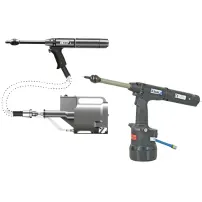 两种工业工具：一个带黑色手柄的银色气动工具和一个带蓝色电线的黑色电动工具，均用于紧固。