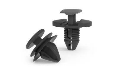 一套塑料装饰夹和推入式紧固件，背景为白色