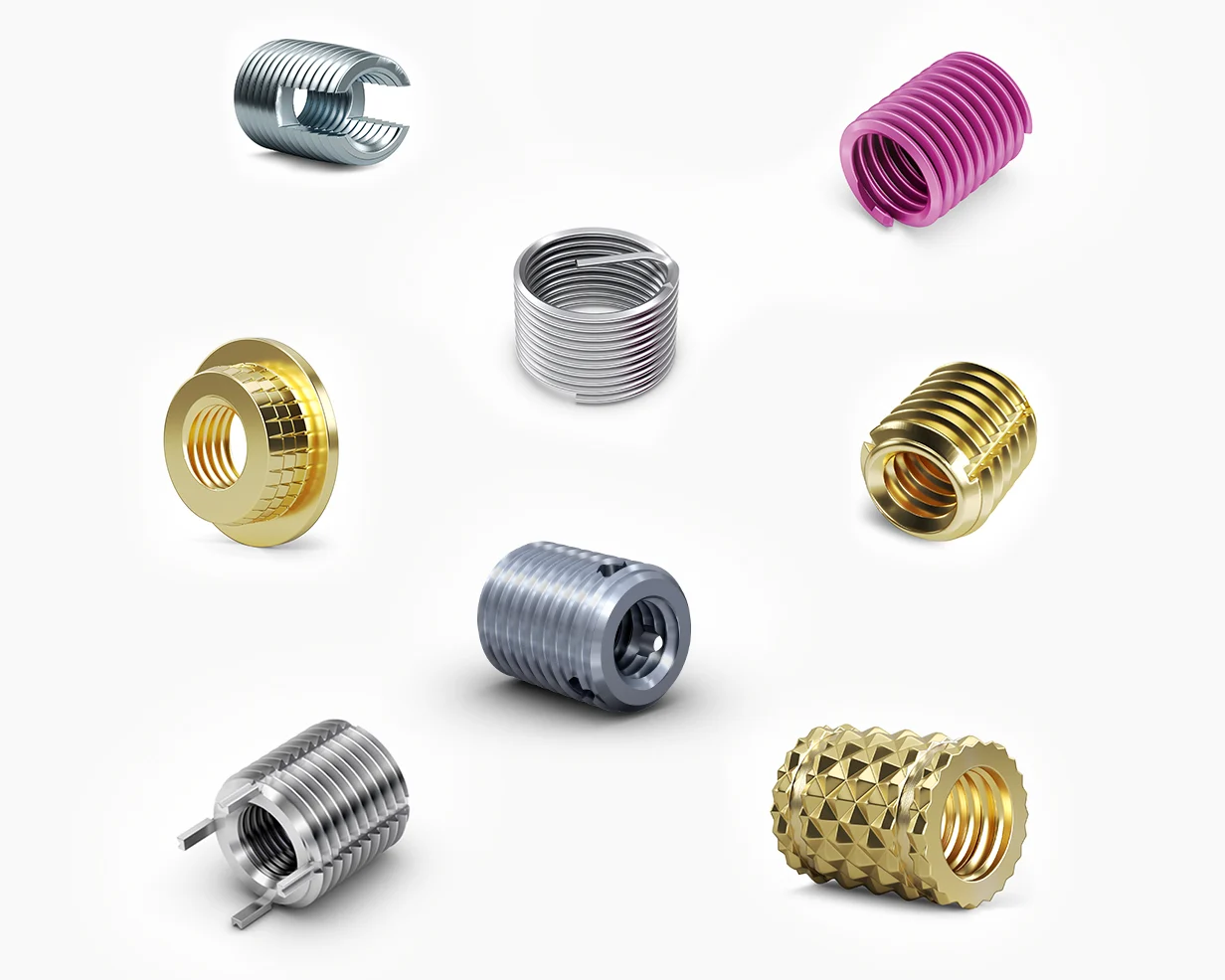 不同类型的螺纹嵌件，包括黄铜嵌件、螺纹丝套和锁键嵌件。
