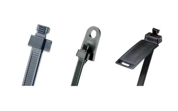 三条黑色Panduit Sta-Strap线缆扎带,具有不同的头部形状,置于白色背景上。