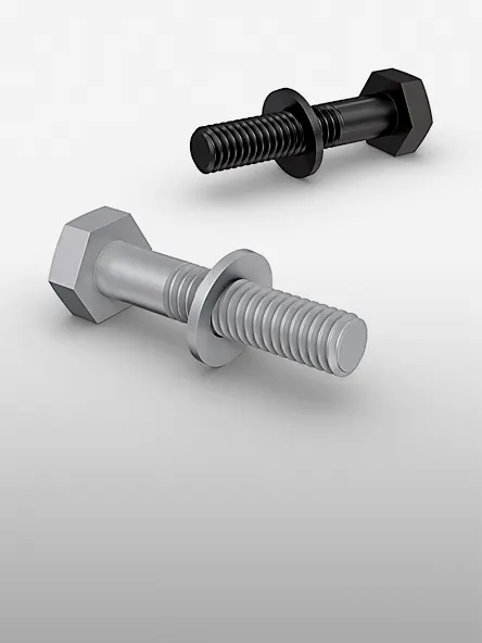 一颗灰色和一颗黑色螺栓，带有摩擦学干涂层和垫圈，置于浅灰色背景上。