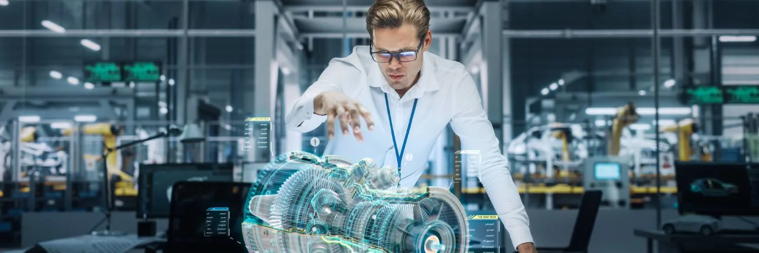 穿白衬衫的工程师正在查看机器的3D图形模型。