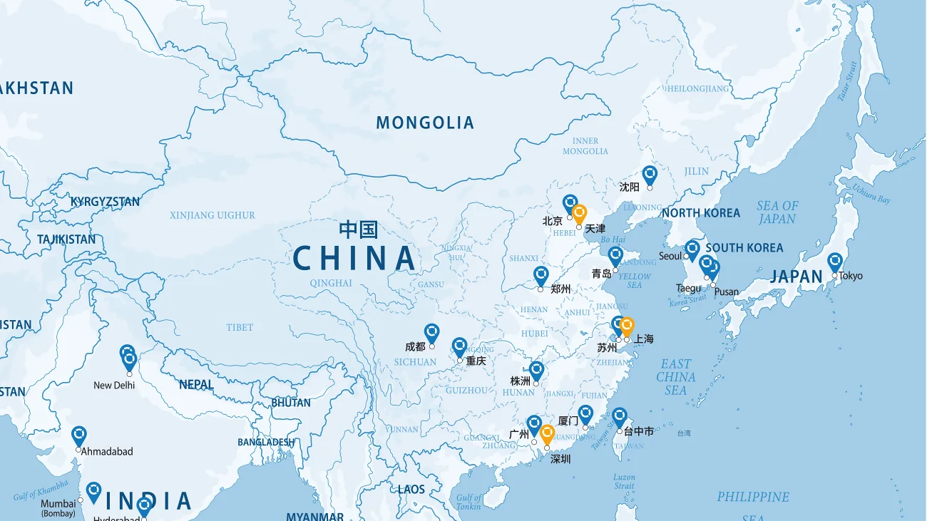 中国地图以白色和蓝色显示Bossard在中国的地点