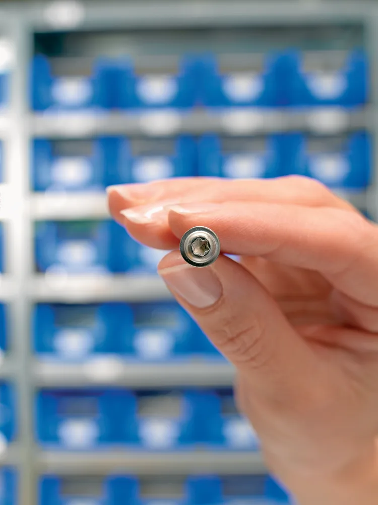 女性手握着六角星形内六角盘头垫圈螺钉，背景是蓝色盒子。