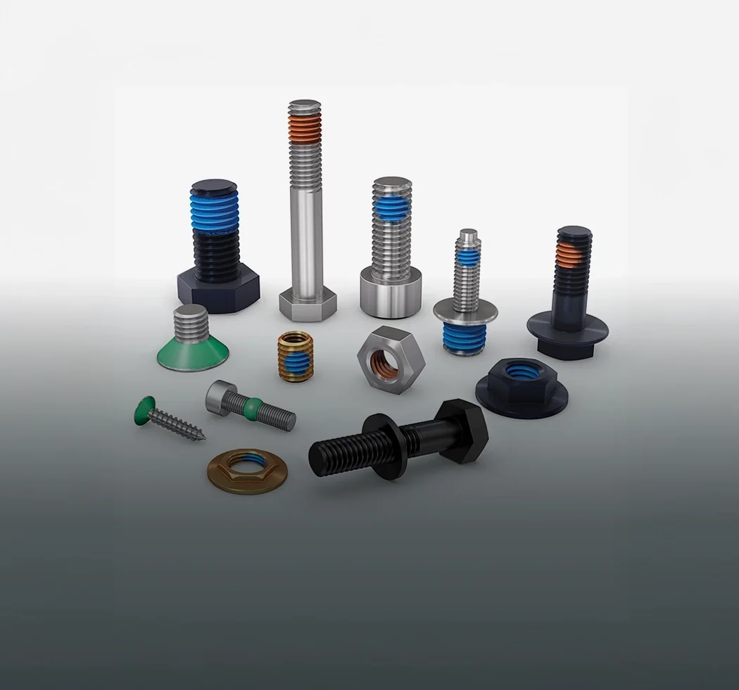 不同类型的螺钉、螺母和螺栓，具有不同类型的涂层补丁、密封涂层等。