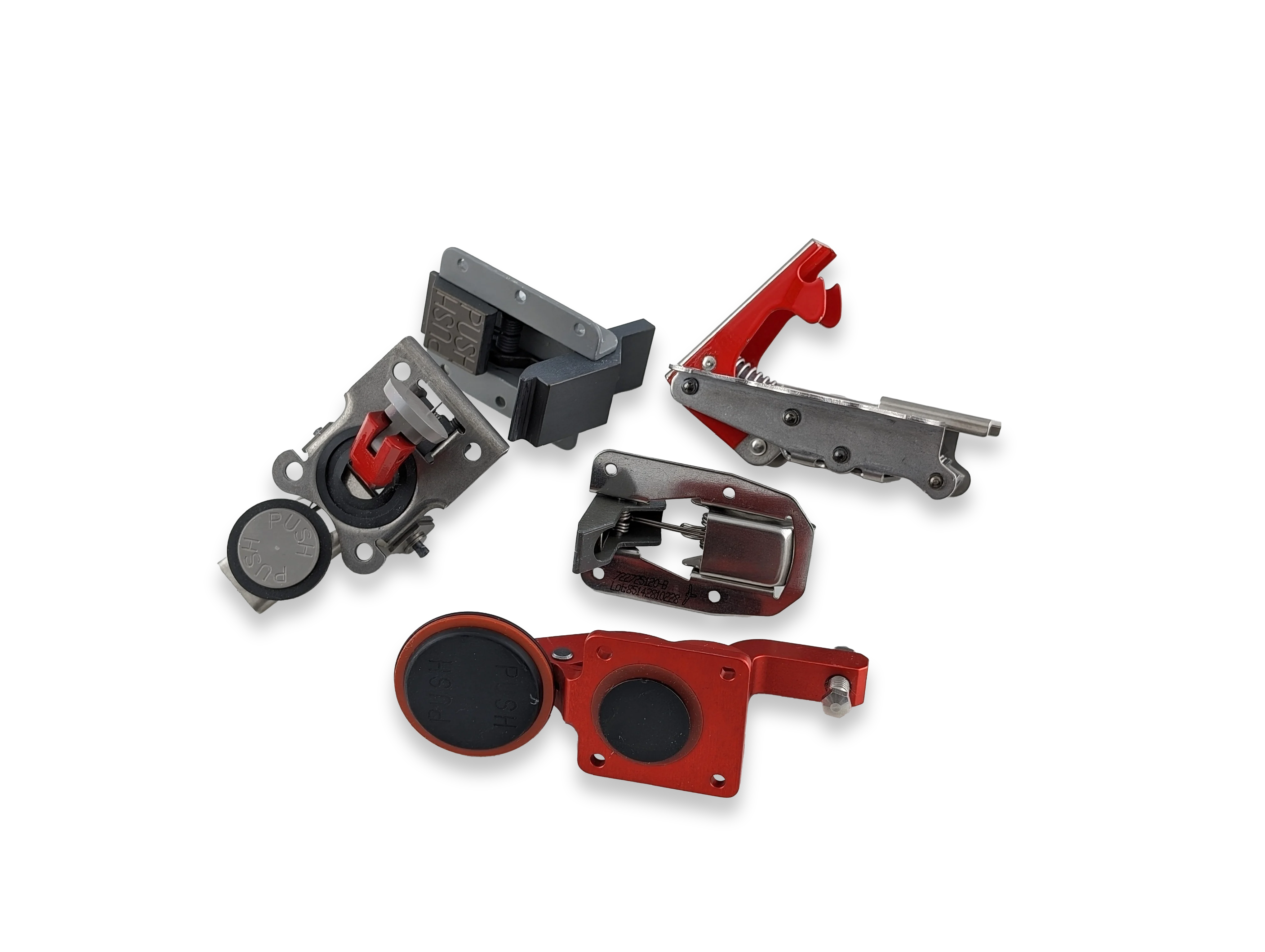 一组航空铰链和锁扣在透明背景上，强调其工业设计。