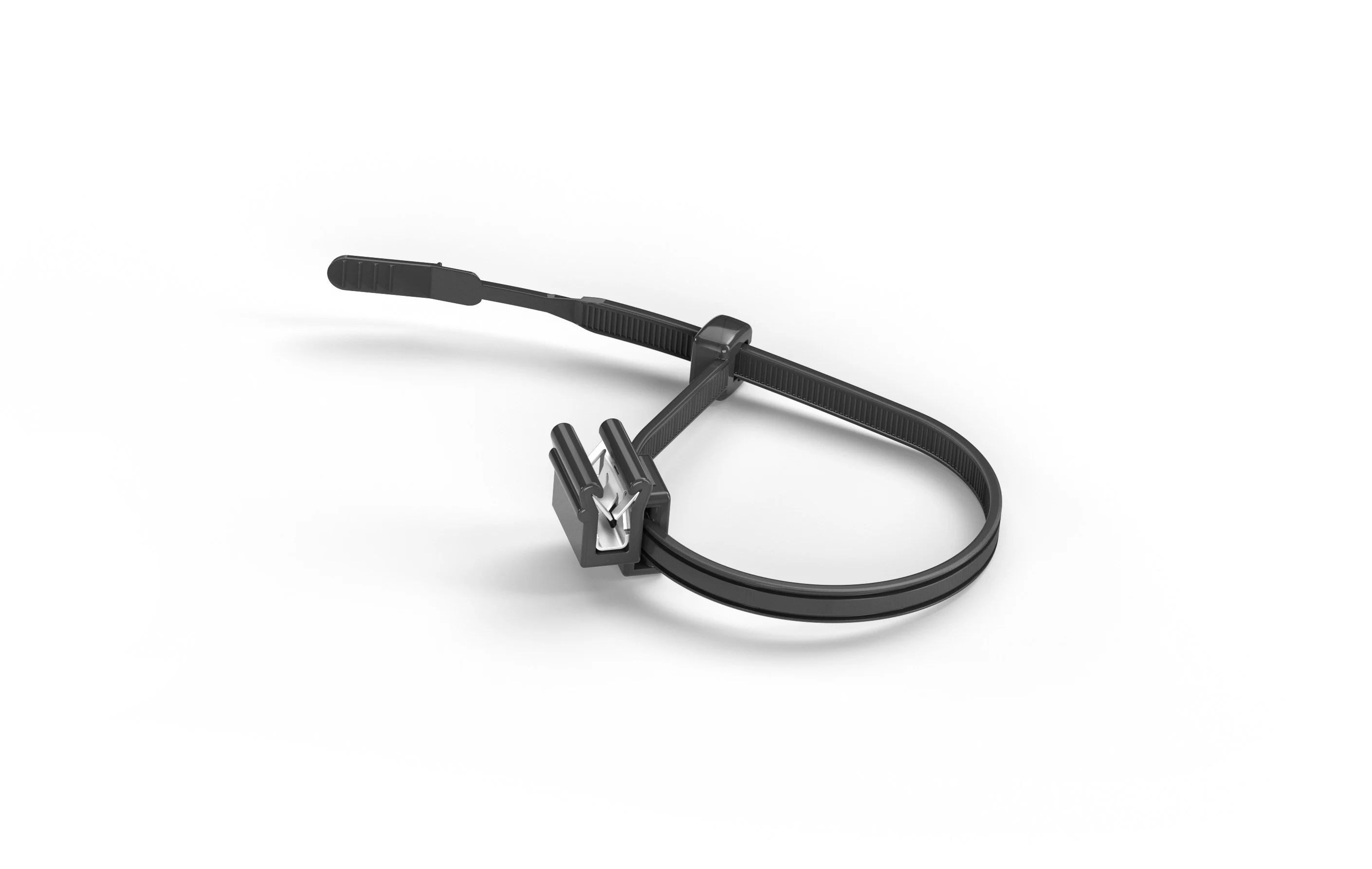 黑色HellermannTyton两件式固定扎带在白色背景上闭合